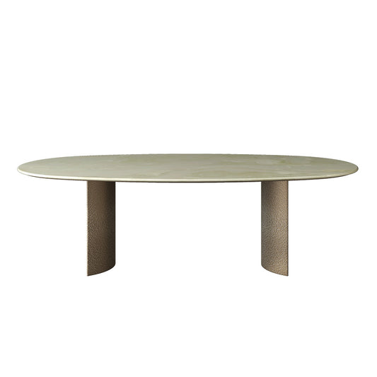 Modern Luxury Oval Jade Dining Table with Sculptural Semi-Circular Copper Base at dilisehome.com