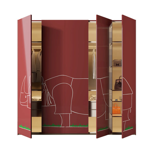 Custom Luxury Hinged Door Wardrobe Armoire in Deep Red | Rhino Decorative Art & Handle-Free Design at dilisehome.com