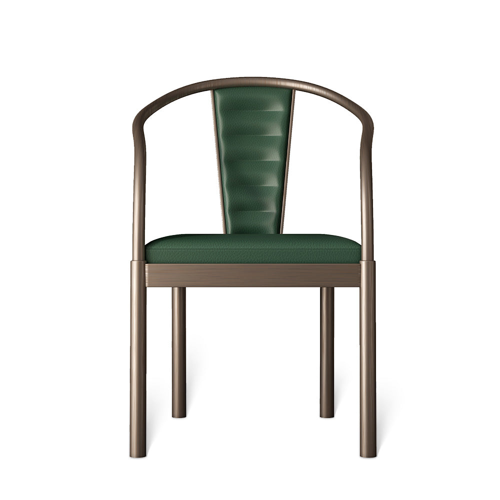 Luxury Upholstered Leather Dining Chair with Sculptural Circular Metal Armrest at dilisehome.com