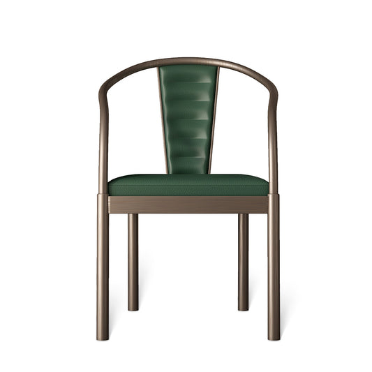 Luxury Upholstered Leather Dining Chair with Sculptural Circular Metal Armrest at dilisehome.com