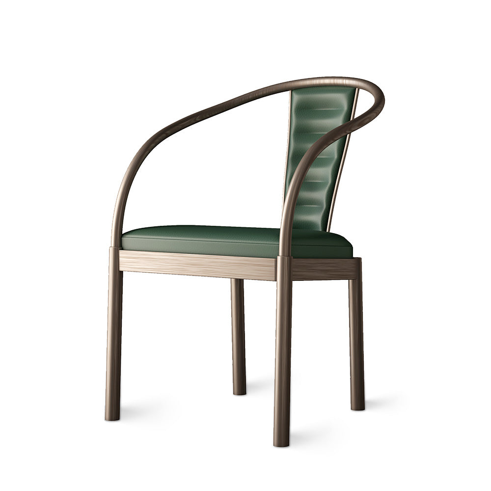 Luxury Upholstered Leather Dining Chair with Sculptural Circular Metal Armrest at dilisehome.com