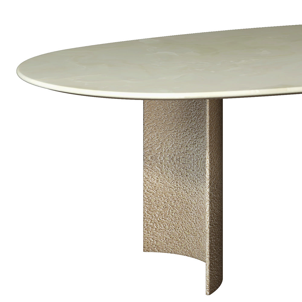 Modern Luxury Oval Jade Dining Table with Sculptural Semi-Circular Copper Base at dilisehome.com