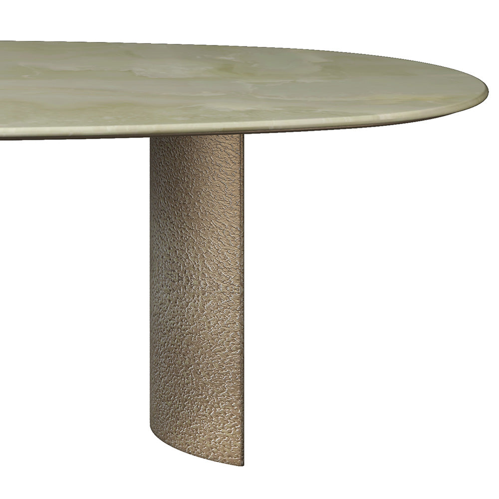 Modern Luxury Oval Jade Dining Table with Sculptural Semi-Circular Copper Base at dilisehome.com