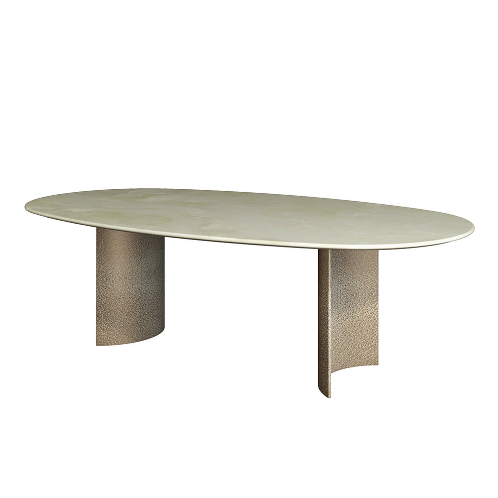 Modern Luxury Oval Jade Dining Table with Sculptural Semi-Circular Copper Base at dilisehome.com