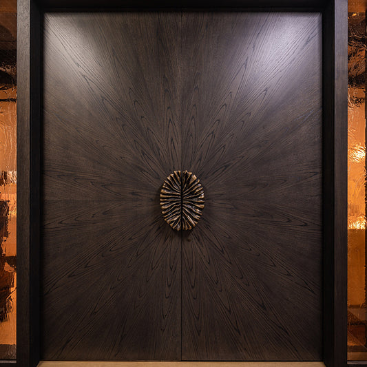 Custom Luxury Front Door Modern Wood Entry Door with Copper Handle Design for Villa Residences